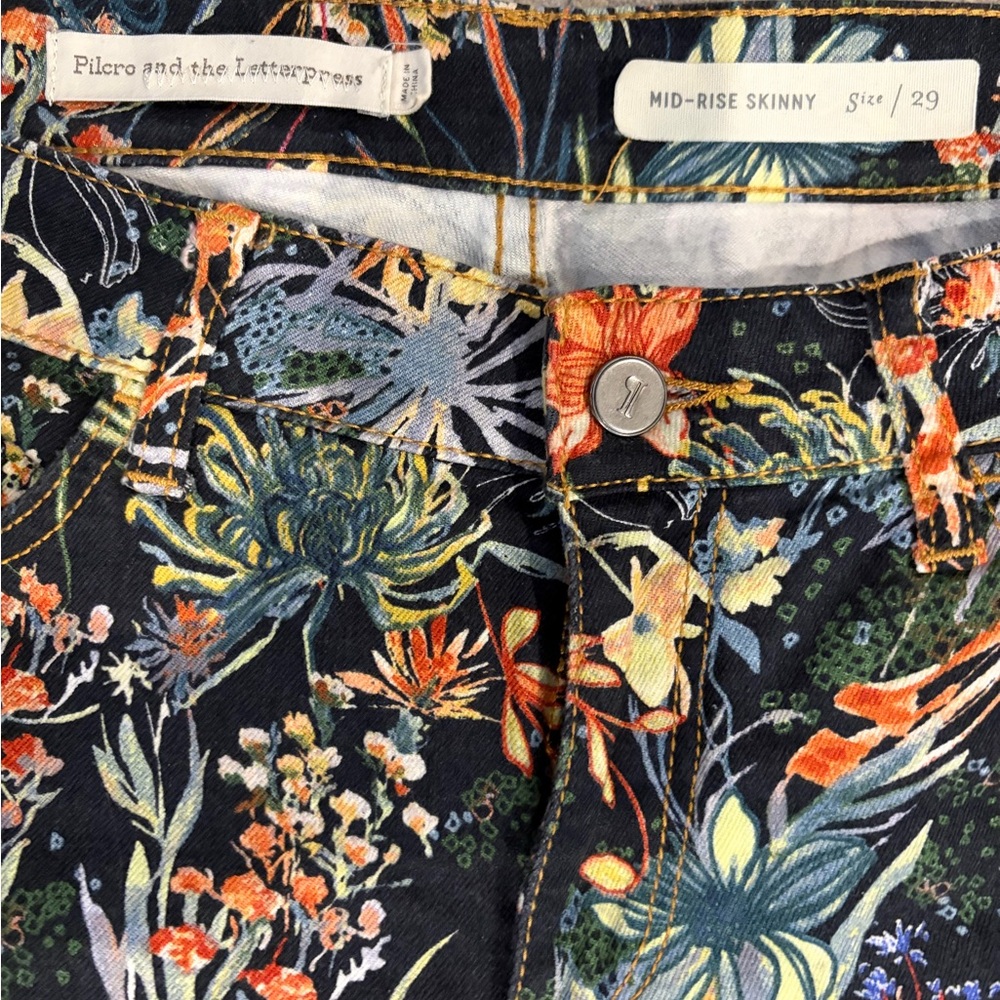 Pilcro and the Letterpress Floral Mid-Rise Skinny Jeans - Black and Orange